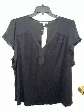 Black V-Neck Short Sleeve Blouse with Ruffle Sleeves